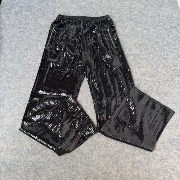 MsKIN6 Womens Black Sequin Shiny Loose Fit Wide Leg Dress Party Pants Size Large - Picture 1 of 13
